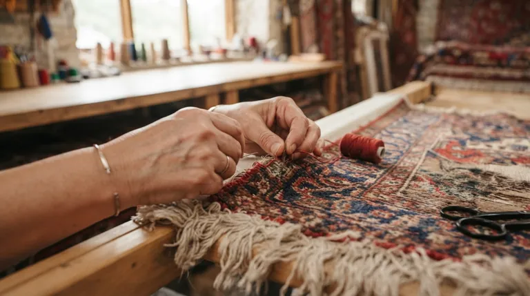 Mains d’une artisane réparant les franges d’un tapis ancien