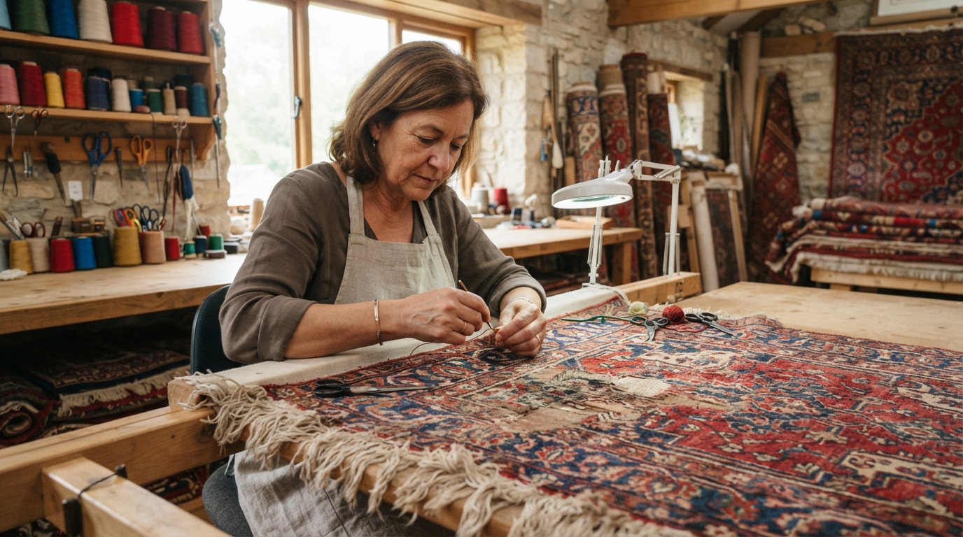 Travail de restauration minutieux réalisé sur un tapis ancien