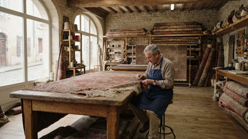 Artisan concentré sur la restauration d’un tapis traditionnel