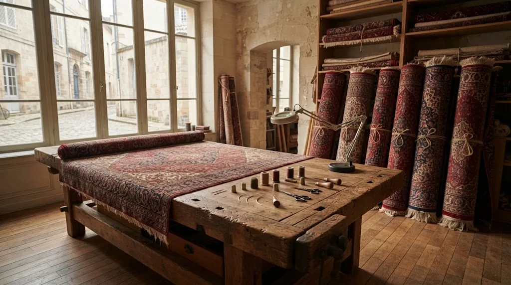 Atelier lumineux avec tapis anciens déployés et roulés
