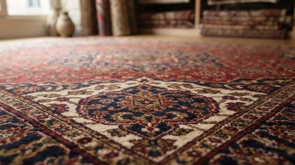 Vue rapprochée du médaillon et des détails d’un tapis ancien