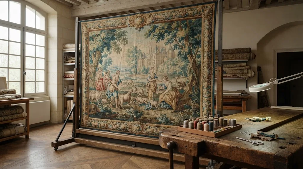 Tapisserie ancienne installée dans un atelier de restauration