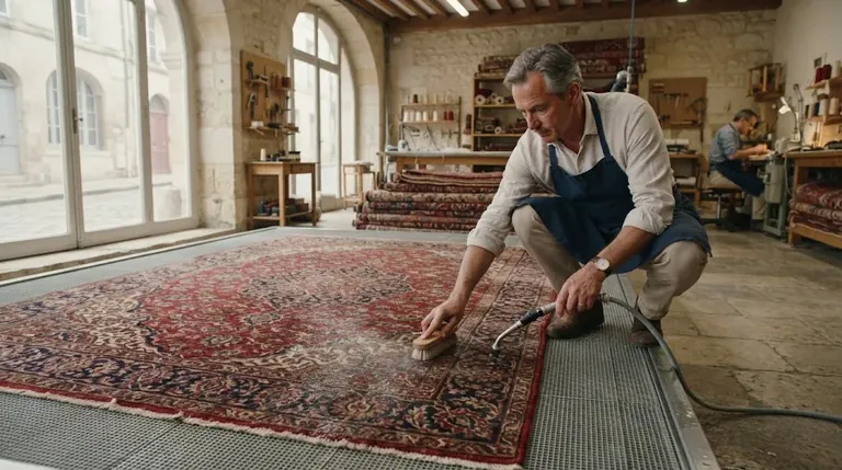 Illustration d’un nettoyage minutieux de tapis en atelier