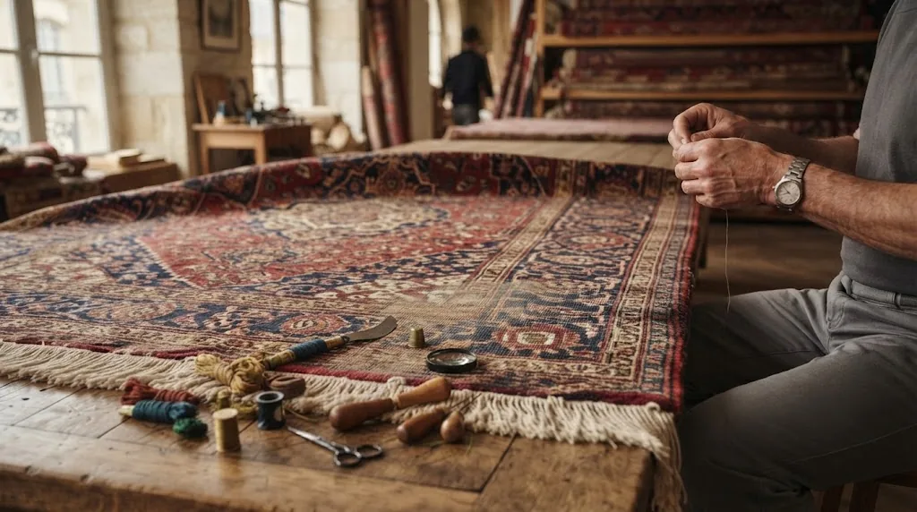 Illustration d’une réparation précise des franges d’un tapis