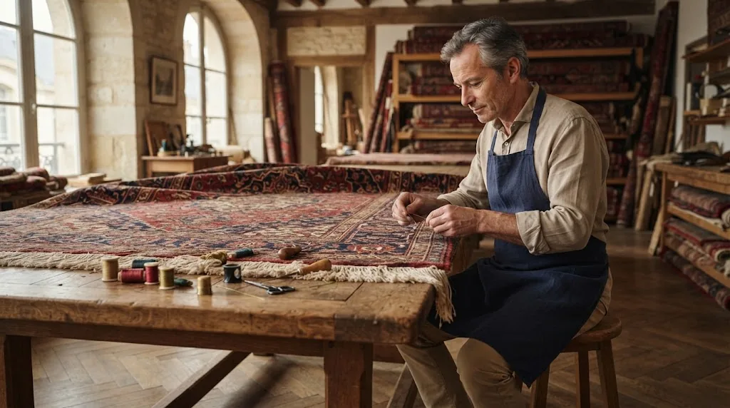 Illustration d’une restauration artisanale de tapis ancien